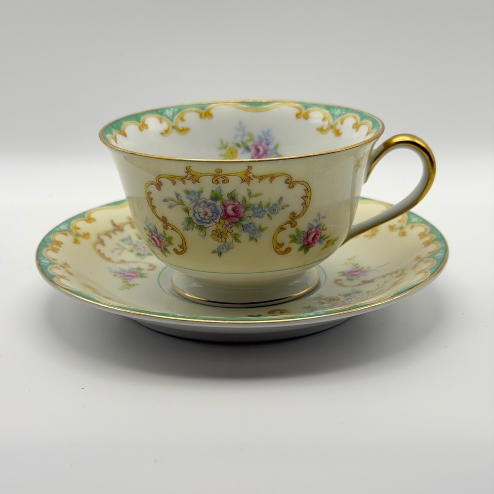 Vtg Noritake Japan Tea Cup Saucer Set Floral Gold Green Trim Replacement N238